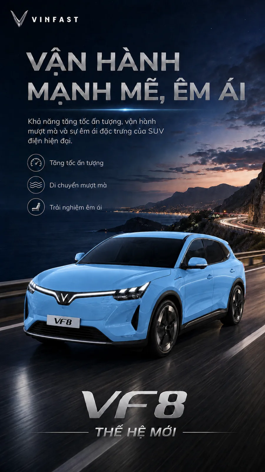 Tổng thể VinFast VF 8 thế hệ mới màu xanh dương