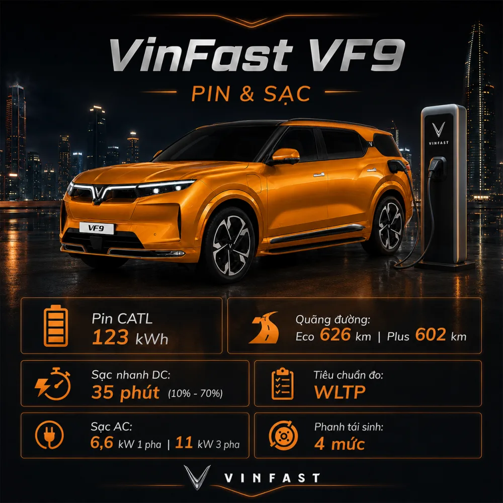 Tổng thể VinFast VF 9 màu cam trong hành trình gia đình