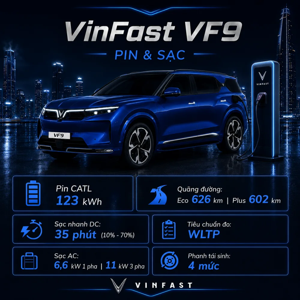 Tổng thể VinFast VF 9 màu xanh sẵn sàng cho chuyến đi