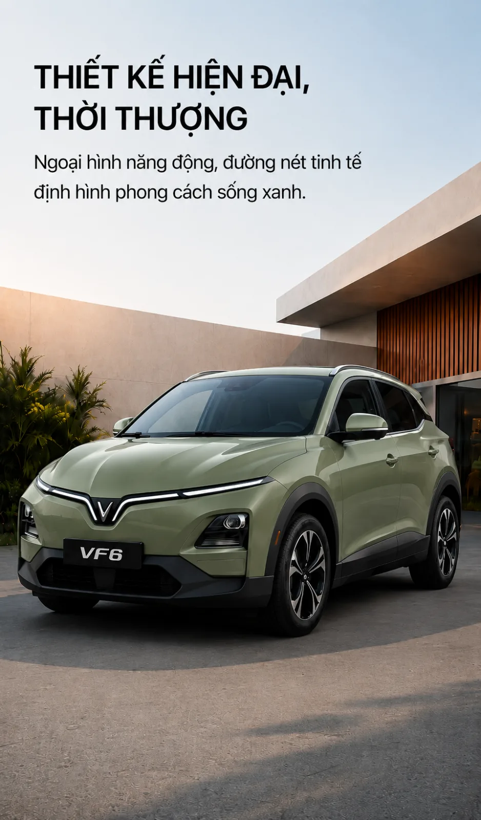 VinFast VF 6 màu xanh rêu gần gũi với cảnh quan