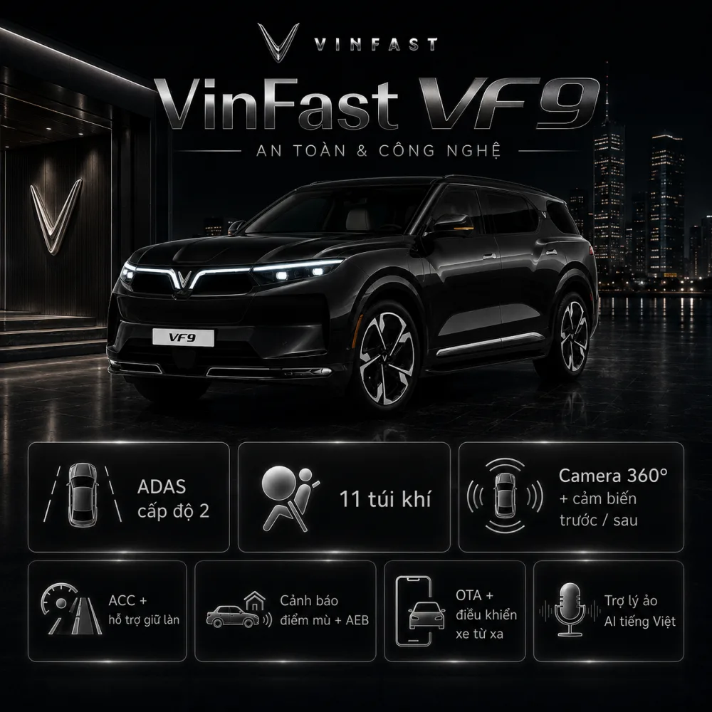 Tổng thể VinFast VF 9 màu đen trong bối cảnh công việc và gia đình